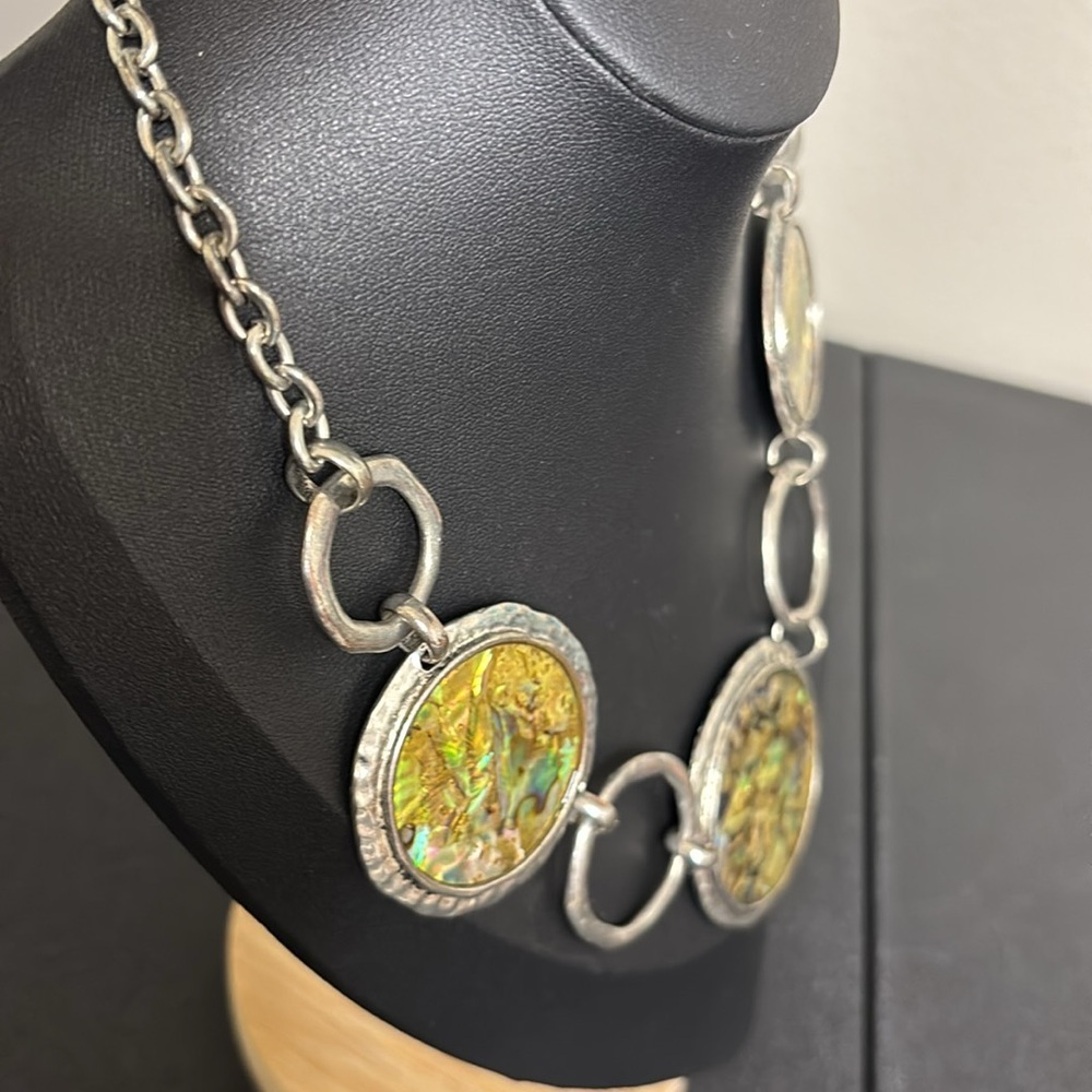 Abalone Disc Silver Tone Chain Link Necklace Statement - Picture 5 of 7